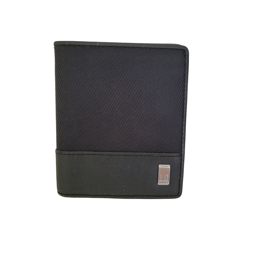 Dunhill Mens Black Canvas Leather Bifold Wallet Silver Logo Plaque